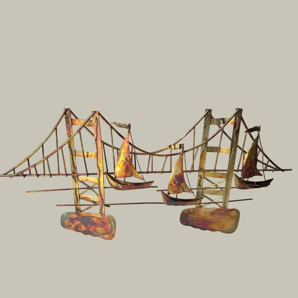 Vintage Brutalist Metal Wall Art Golden Gate Bridge Sailboats MCM Copper Brass